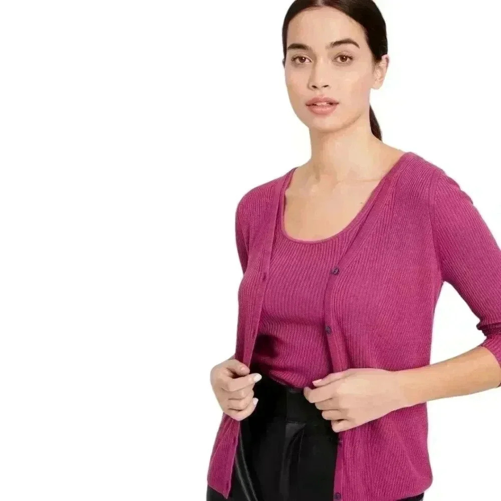 Banana Republic Silk Blend Cardigan Women Medium Fuchsia Ribbed Preppy